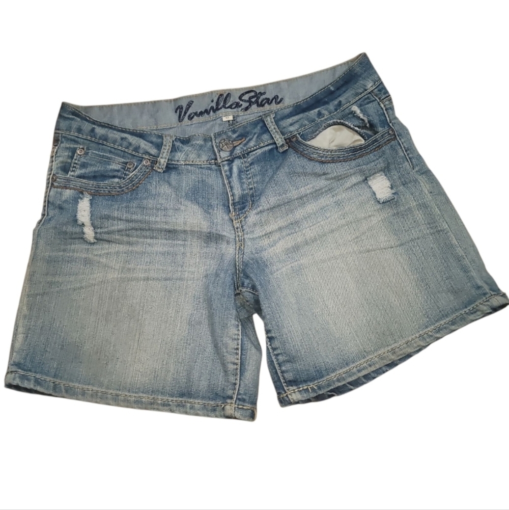 VANILLA STAR low rise distressed embroidered denim shorts sz 13 light blue wash